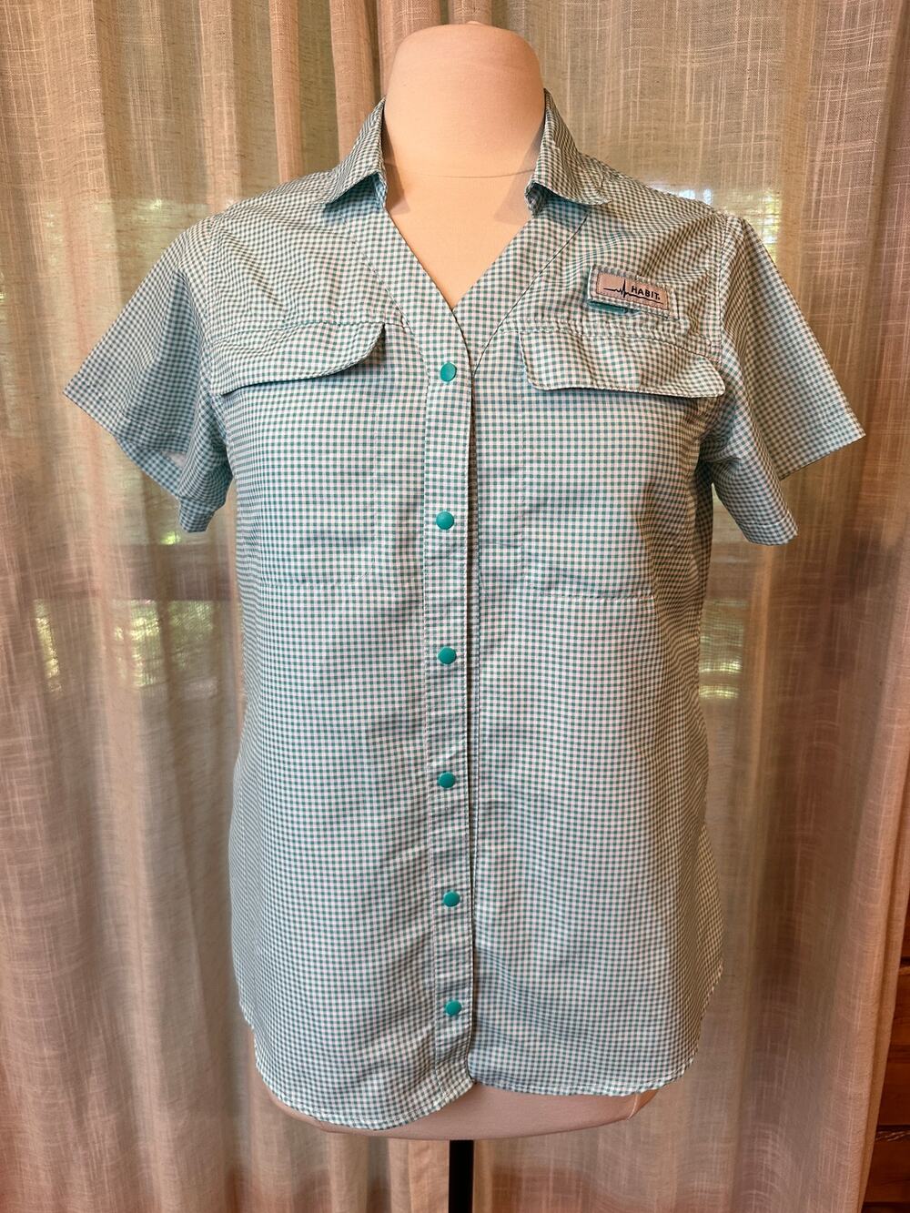 Habit Turquoise Gingham Fishing Shirt Women's Medium UPF 40+ NWOT
